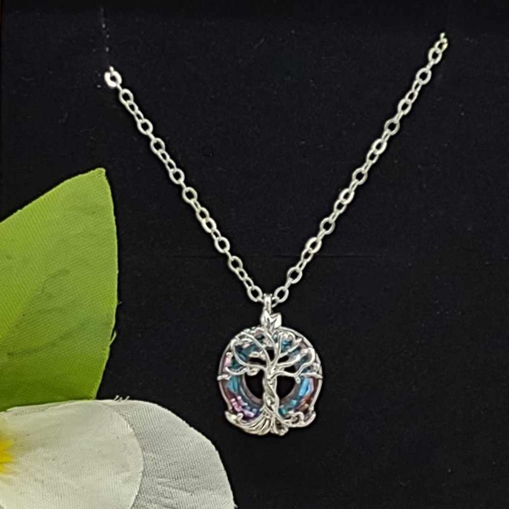 Celtic Tree Of Life Blue Crystal Round Pendant Necklace